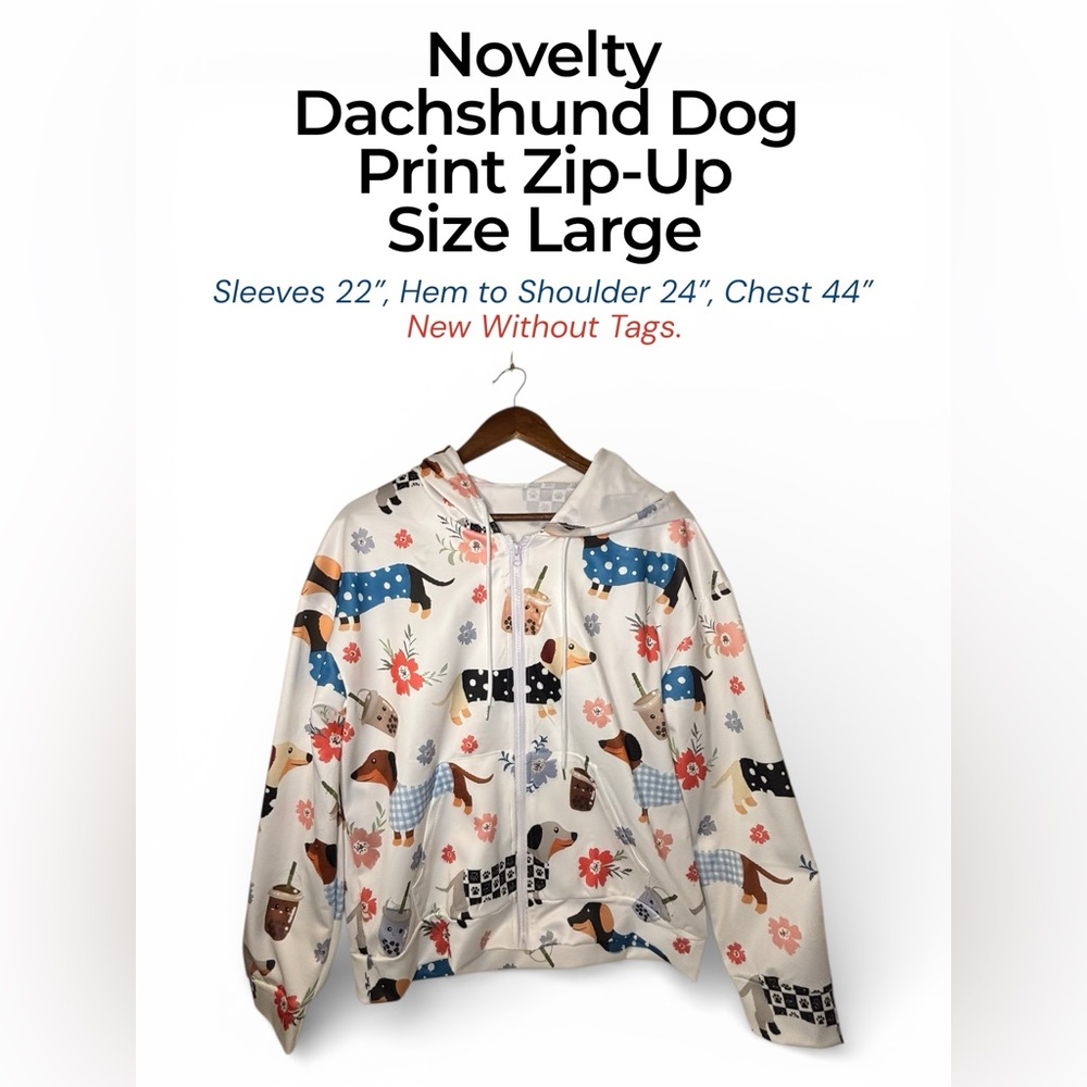 Dachshund & Boba Tea Zip-Up Hoodie – White | Size Large